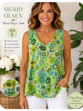 Sigrid Olsen Floral Tank Top Size Large Green Blue Rayon Boho Cottagecore